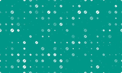 Seamless background pattern of evenly spaced white pill symbols of different sizes and opacity. Vector illustration on teal background with stars