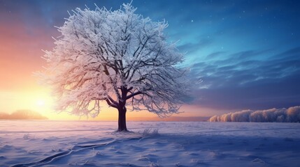 Photo of a solitary tree standing in a snowy field at sunset