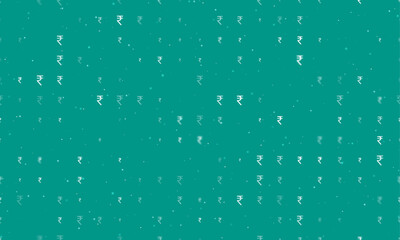 Seamless background pattern of evenly spaced white indian rupee symbols of different sizes and opacity. Vector illustration on teal background with stars
