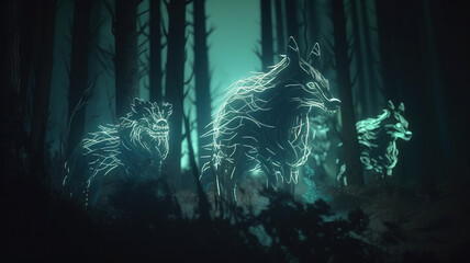Mysterious spirit wolves from the astral dimension manifesting in the forest at night. Mystical animals in glowing energy form. - obrazy, fototapety, plakaty