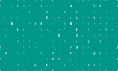 Seamless background pattern of evenly spaced white thai baht symbols of different sizes and opacity. Vector illustration on teal background with stars