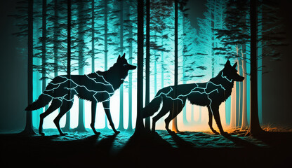 Two mysterious spirit wolves from the astral dimension manifesting in the forest at night. Mystical animals in glowing cyan light.