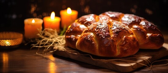Traditional holiday eastern Orthodox church bread with decoration on table close up - obrazy, fototapety, plakaty