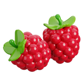 Fresh two raspberries with green leaves isolated. Cartoon fruits icon. 3d render illustration.