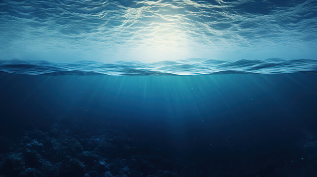 Dark blue water of a deep sea with sun glare in the sky. Peaceful underwater landscape.