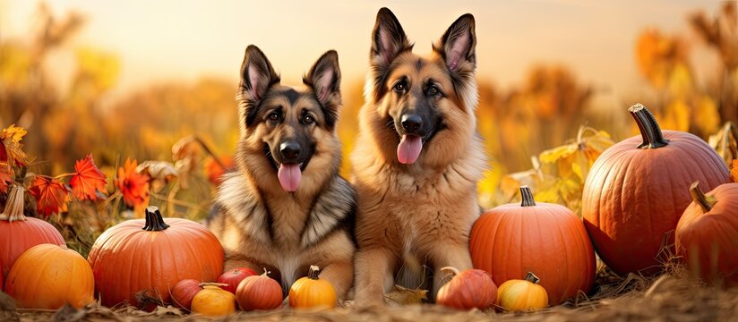 Some dogs in the pumpkin field