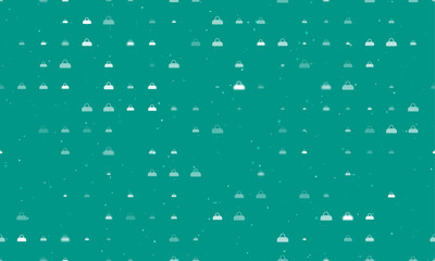 Seamless background pattern of evenly spaced white sports bag symbols of different sizes and opacity. Vector illustration on teal background with stars
