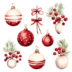 set of christmas ornaments red and cream watercolor vectors