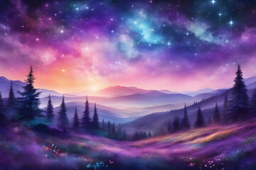 enchanted magical night forest with cosmic sky and galaxy,