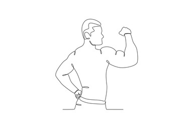 A strong man showing his muscles. Bodybuilding one-line drawing