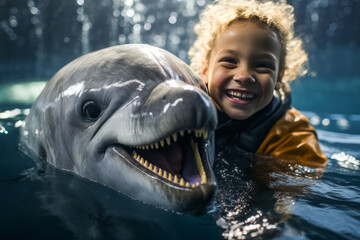 Little girl swimming joyfully with dolphin. - obrazy, fototapety, plakaty