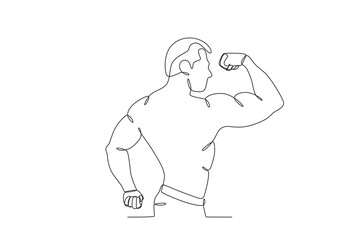 Back view of a man showing his muscles. Bodybuilding one-line drawing