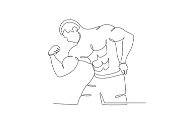 A man poses showing his muscles. Bodybuilding one-line drawing