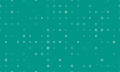 Seamless background pattern of evenly spaced white spider web symbols of different sizes and opacity. Vector illustration on teal background with stars