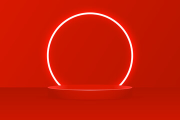 Neon glow 3D Red Valentine's Day podium. Abstract geometric forms. A vector template for presenting products, promotions, and shopping with a Valentine's Day love theme.