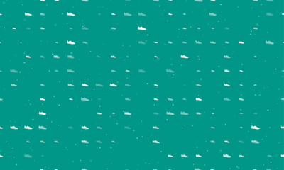 Seamless background pattern of evenly spaced white football boot symbols of different sizes and opacity. Vector illustration on teal background with stars