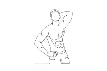 A man poses strongly. Bodybuilding one-line drawing