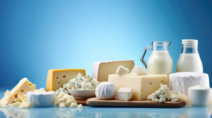 Fototapeta na wymiar Various dairy products on blue background