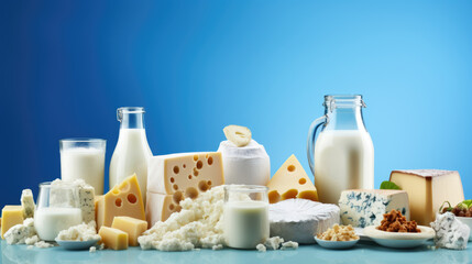 Fototapeta na wymiar Various dairy products on blue background