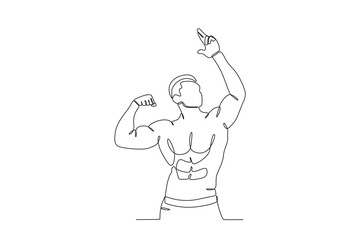 A man poses proudly showing his muscles. Bodybuilding one-line drawing