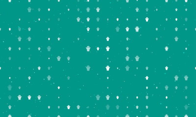 Seamless background pattern of evenly spaced white basketball symbols of different sizes and opacity. Vector illustration on teal background with stars