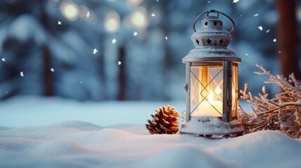 Photo of a beautifully lit lantern with a pine cone in the snow