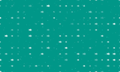Seamless background pattern of evenly spaced white gold fish symbols of different sizes and opacity. Vector illustration on teal background with stars