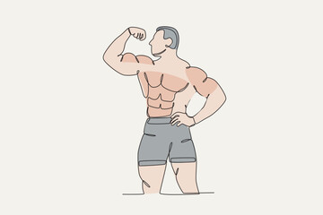Colored illustration of an athlete showing his muscles. Bodybuilding one-line drawing