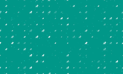 Seamless background pattern of evenly spaced white lion symbols of different sizes and opacity. Vector illustration on teal background with stars