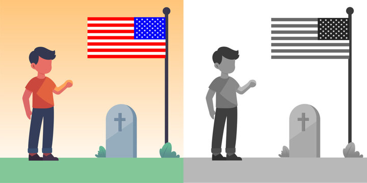 Son standing proudly beside an American flag flat style vector illustration, Guy standing next to an American flag and headstone, tombstone, or gravestone stock vector image