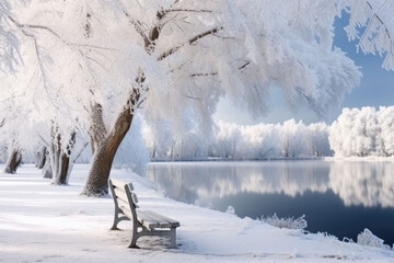 Bench in the city snow covered winter park with a lake and beautiful trees in frost in morning. Generative AI