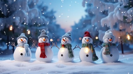 Photo of a playful group of snowmen standing in a snowy landscape