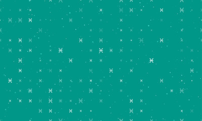 Seamless background pattern of evenly spaced white zodiac pisces symbols of different sizes and opacity. Vector illustration on teal background with stars