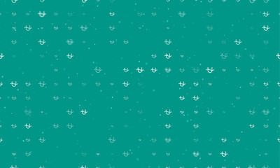 Seamless background pattern of evenly spaced white zodiac ophiuchus symbols of different sizes and opacity. Vector illustration on teal background with stars