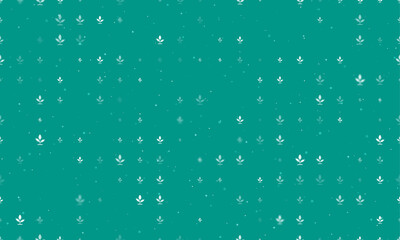 Seamless background pattern of evenly spaced white sprout symbols of different sizes and opacity. Vector illustration on teal background with stars