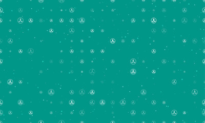 Seamless background pattern of evenly spaced white ecology symbols of different sizes and opacity. Vector illustration on teal background with stars