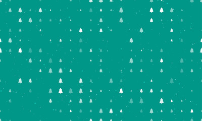 Seamless background pattern of evenly spaced white fir-tree symbols of different sizes and opacity. Vector illustration on teal background with stars