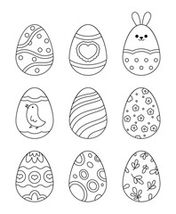 Easter eggs pattern. Coloring Page. Ornament flowers, hearts, bunny ears, chicken. Vector drawing. Collection of design elements.