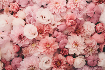 Flowers wall background. Fresh blooming flowers texture in pink colors. Generative AI