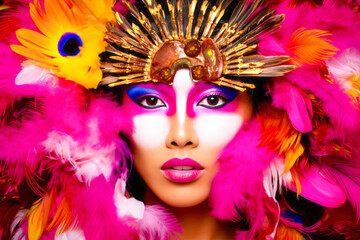 Fluorescent makeup woman with colorful feathered carnival mask.