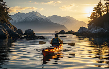 Kayaking on calm lake water during sunrise beautiful natural landscape adventure travel - Powered by Adobe