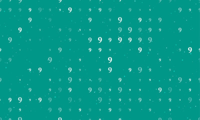 Seamless background pattern of evenly spaced white number nine symbols of different sizes and opacity. Vector illustration on teal background with stars