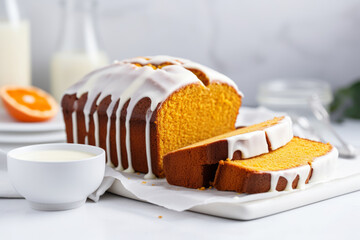 Pumpkin homemade pound cake. Loaf with icing on bright background. Generative AI - obrazy, fototapety, plakaty