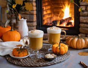 Pumpkin Latte and Mini Pumpkins in front of an open fire