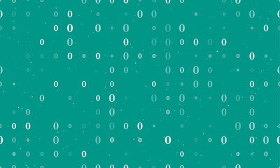 Seamless background pattern of evenly spaced white number zero symbols of different sizes and opacity. Vector illustration on teal background with stars