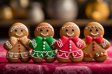 Fototapeta premium Homemade gingerbread cookies. Gingerbread man cookies in Christmas setting. Generative AI