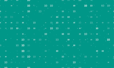 Seamless background pattern of evenly spaced white number ten symbols of different sizes and opacity. Vector illustration on teal background with stars