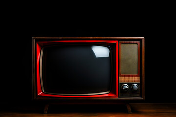 Red television set with black screen on wooden table.
