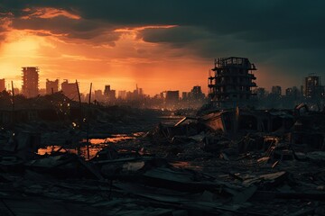 Apocalyptic scene of a bombed city. Generative AI