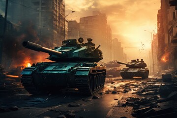 Tanks invading a bombed city. Apocalyptic Scene. Generative AI